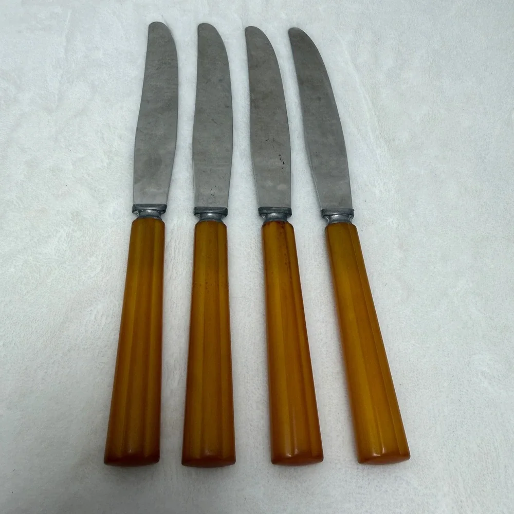 VTG Butterscotch Bakelite Handle Dinner Knives Stainless Steel Set of 4‎ MCM